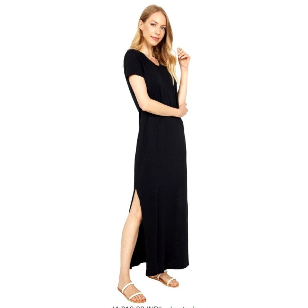 C&C California Dress Women XS Black Short Sleeve Scoop Neck Tee Maxi Lounge